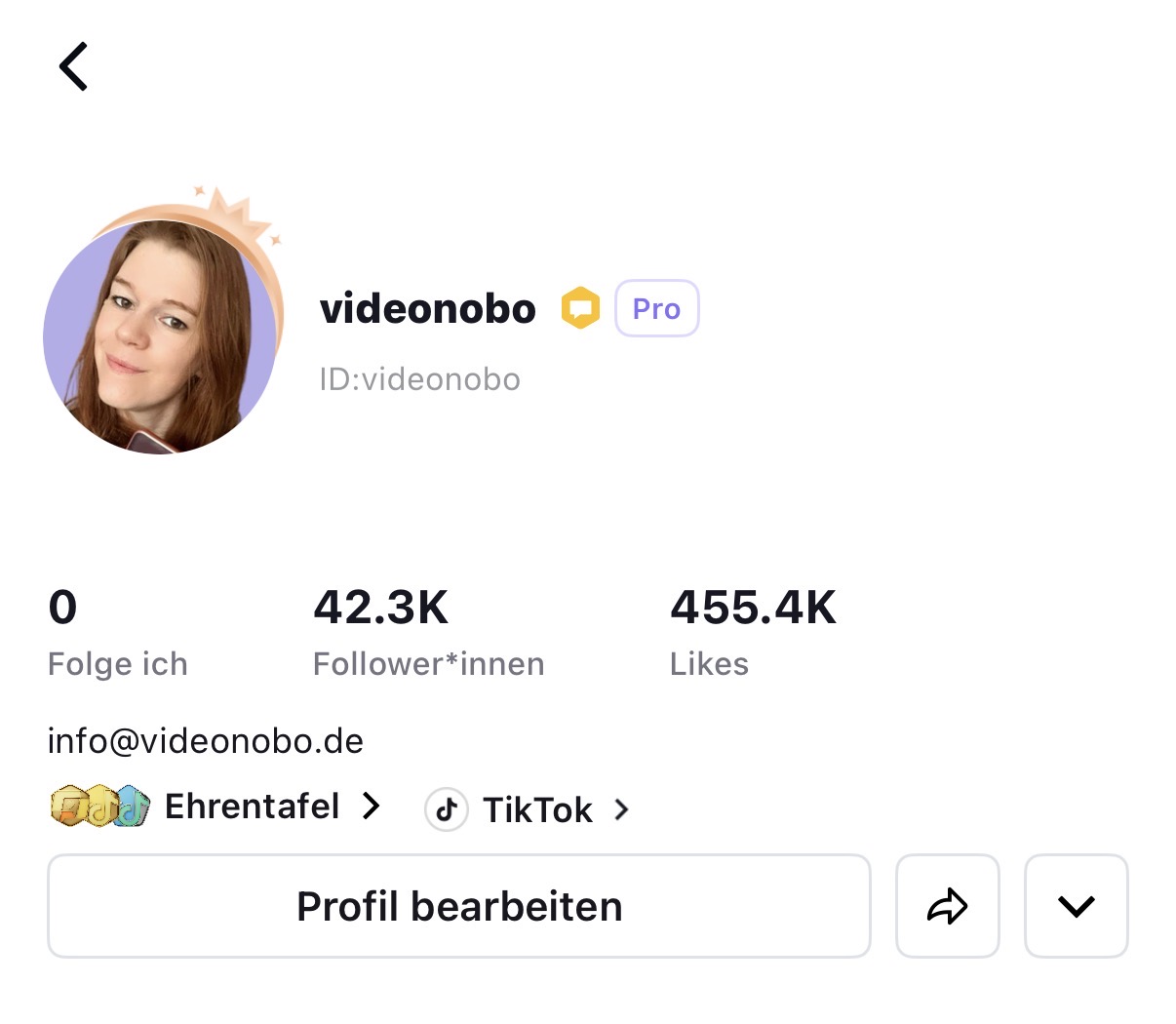 CapCut Profil videonobo mit 42.300 Followern und 455.400 Likes, Oktober 2026