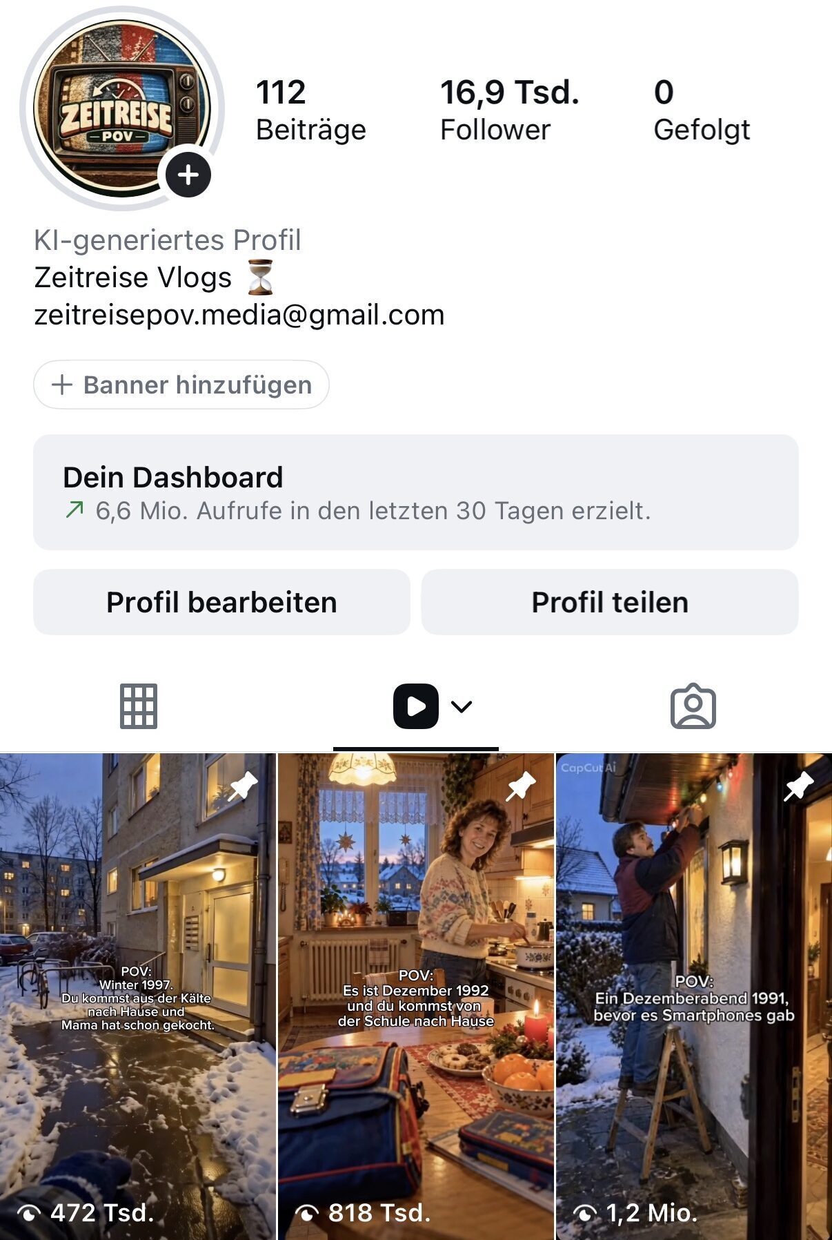 Instagram Profil Zeitreise POV mit sichtbaren Reel Aufrufzahlen